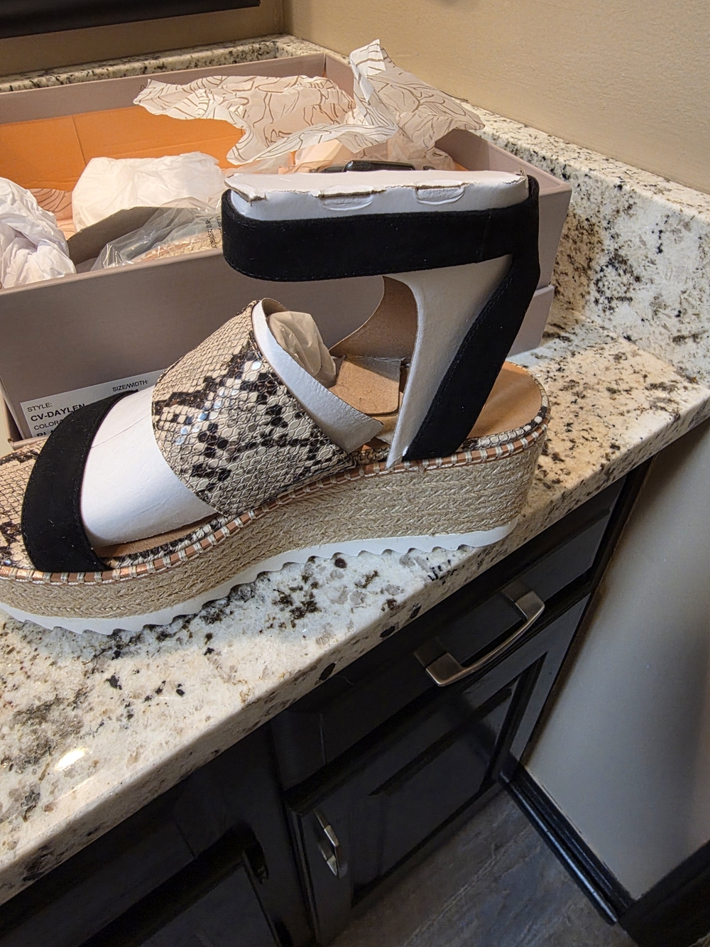 Crown Vintage Two-Tone Black, White & Snake-Print Espadrille Wedge Sandals